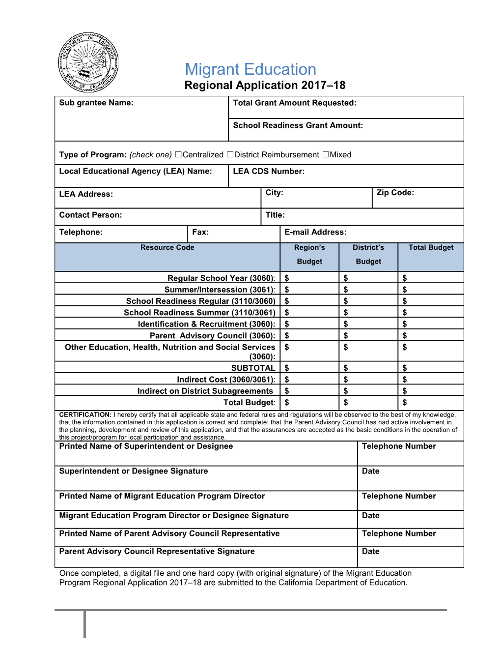 RFA-17: Migrant (CA Dept of Education)