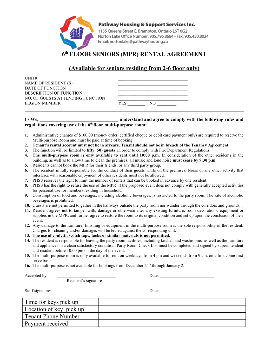 6Th FLOOR SENIORS (MPR) RENTAL AGREEMENT