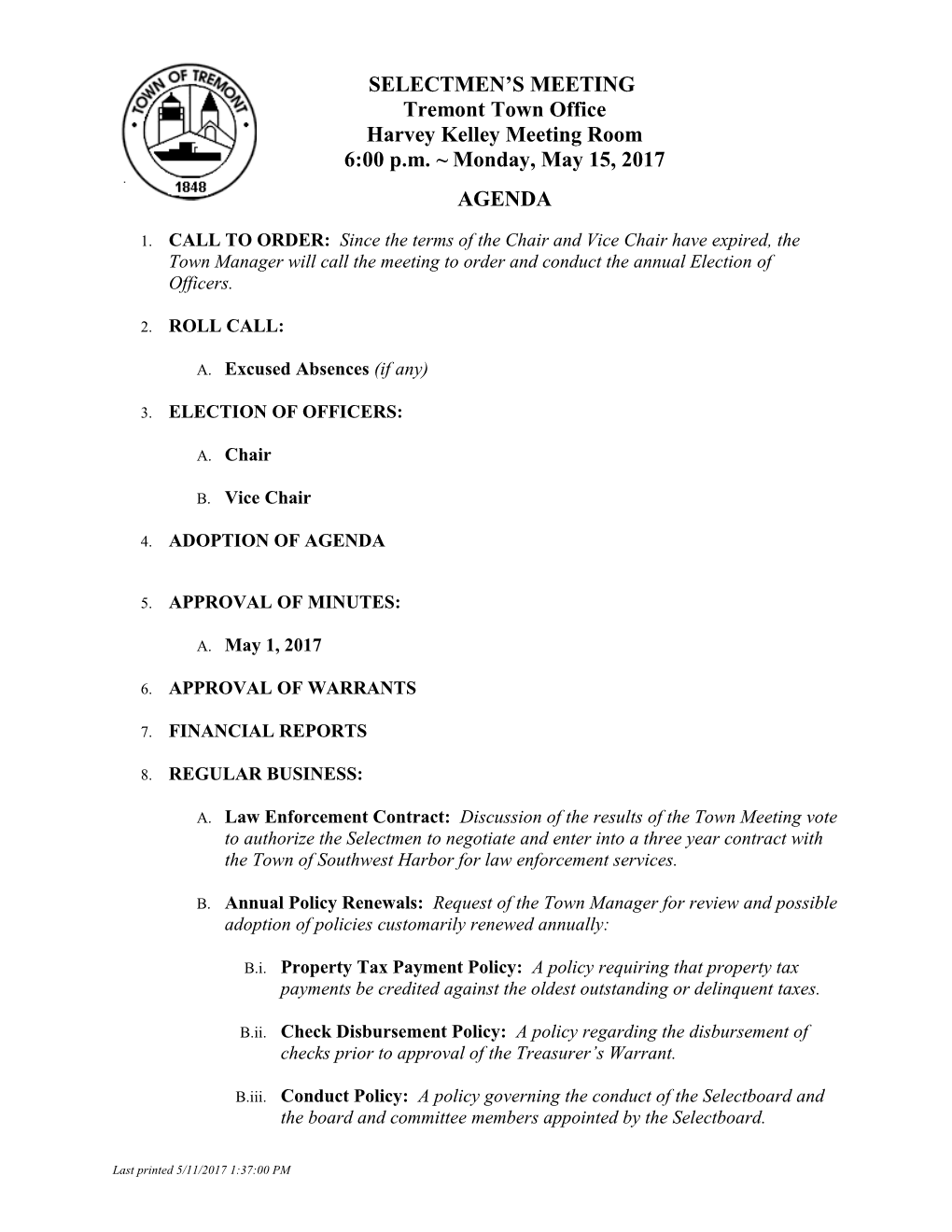 Agenda Tremont Board of Selectmen May 15, 2017Page 1 of 2