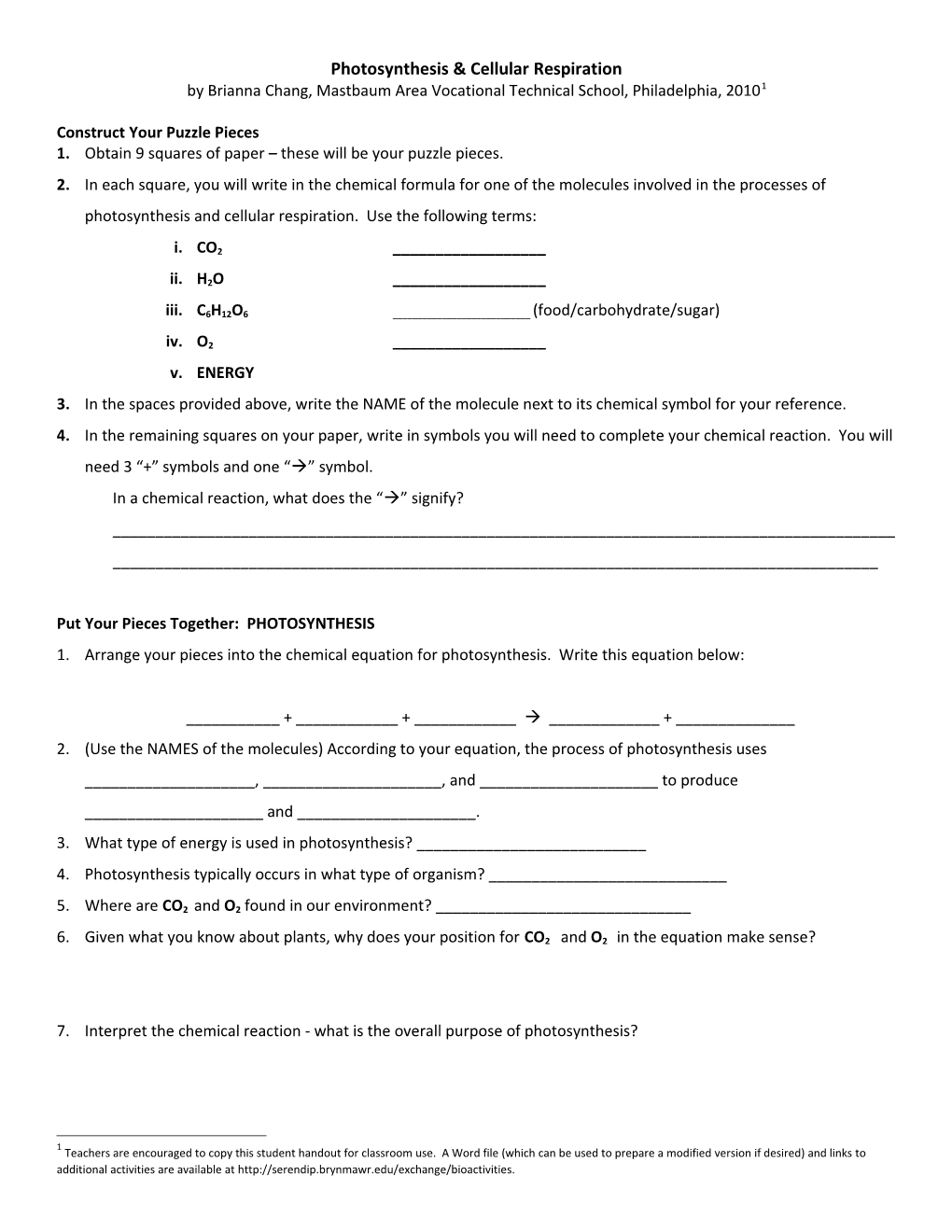 Photosynthesis & Cellular Respiration