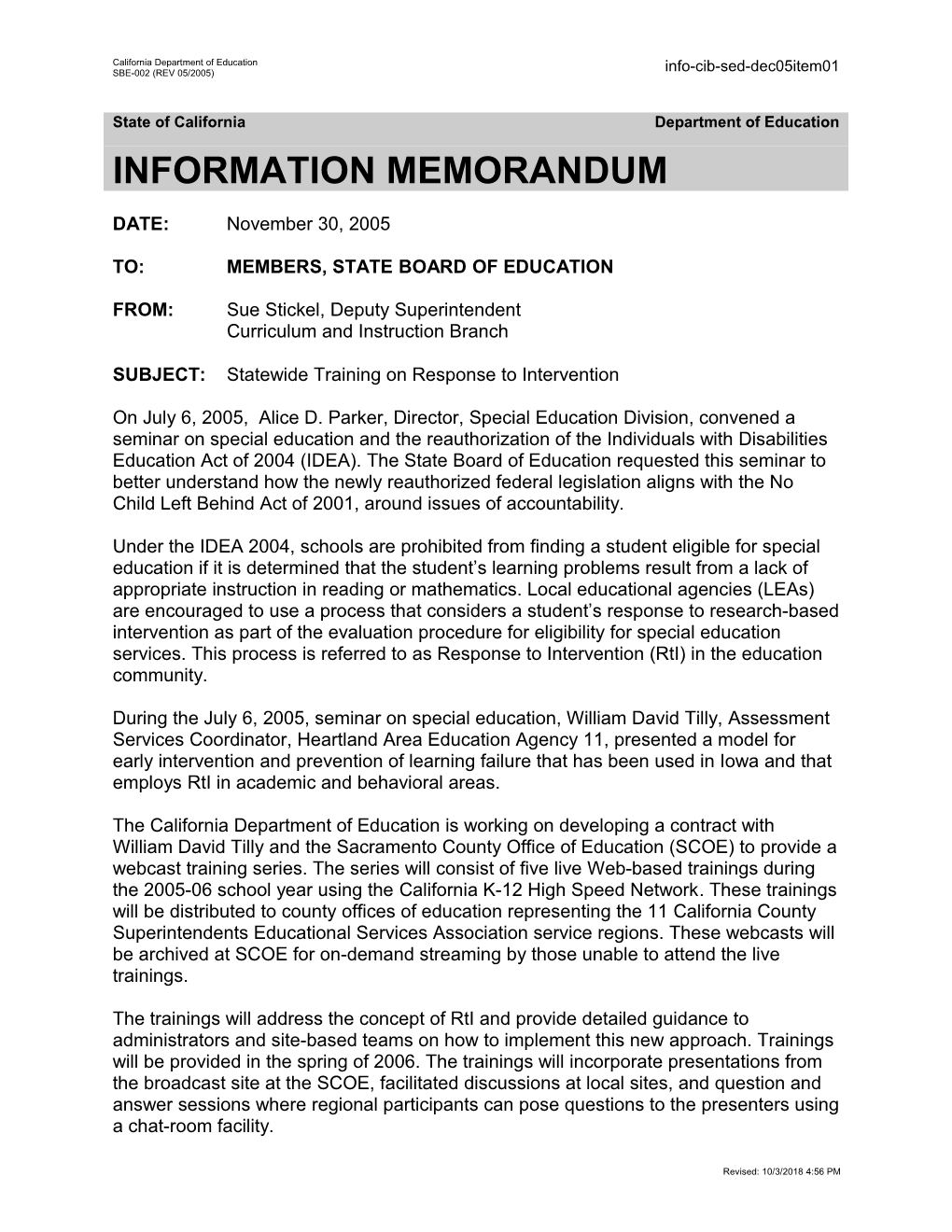 December 2005 SED Item 1 - Information Memorandum (CA State Board of Education)