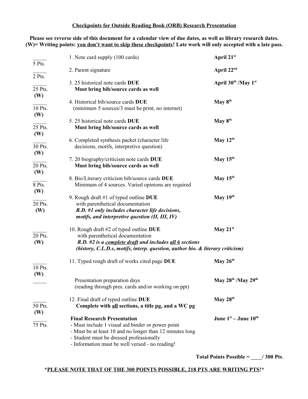 Checkpoints for Outside Reading Book (ORB) Research Presentation