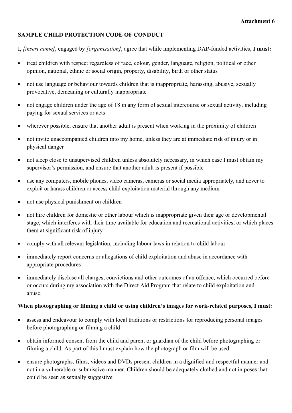 Sample Child Protection Code of Conduct