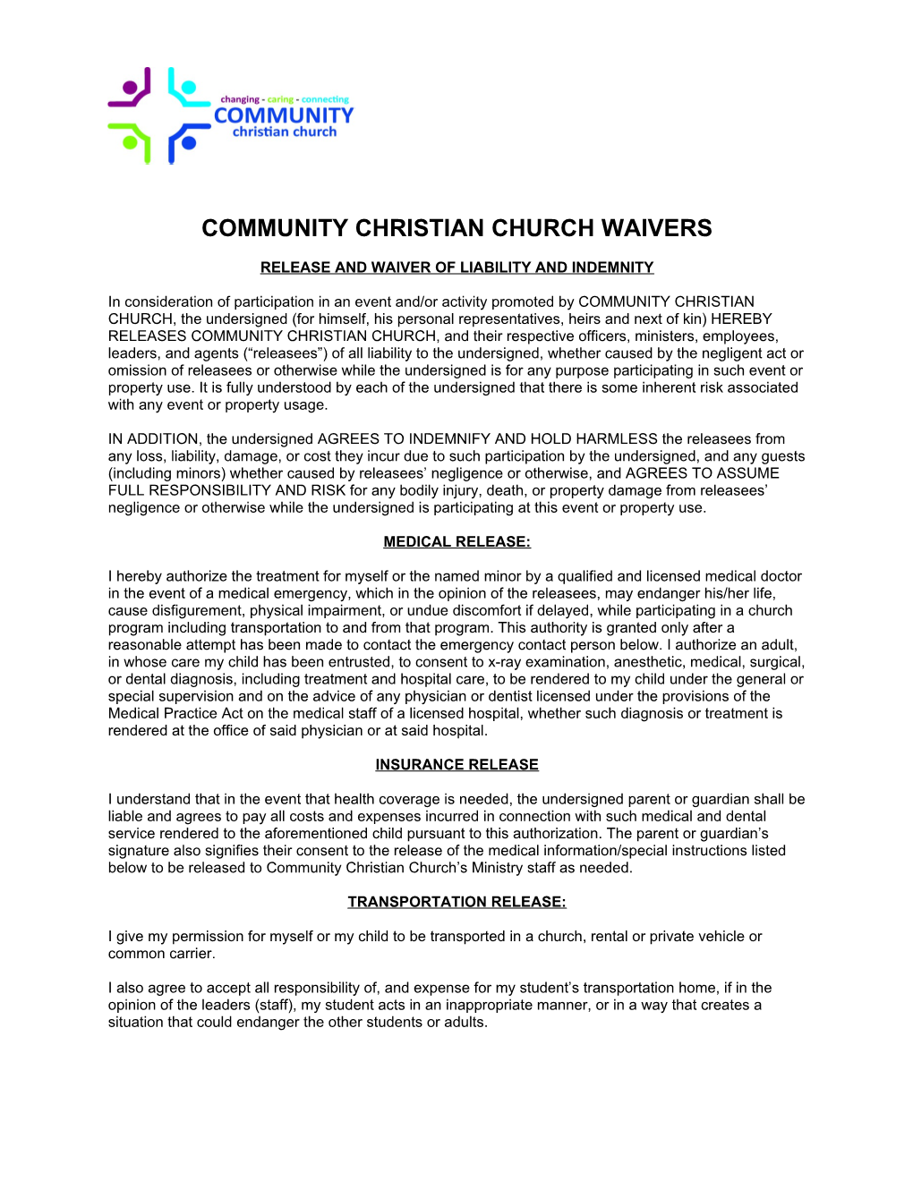 Community Christian Church Waivers