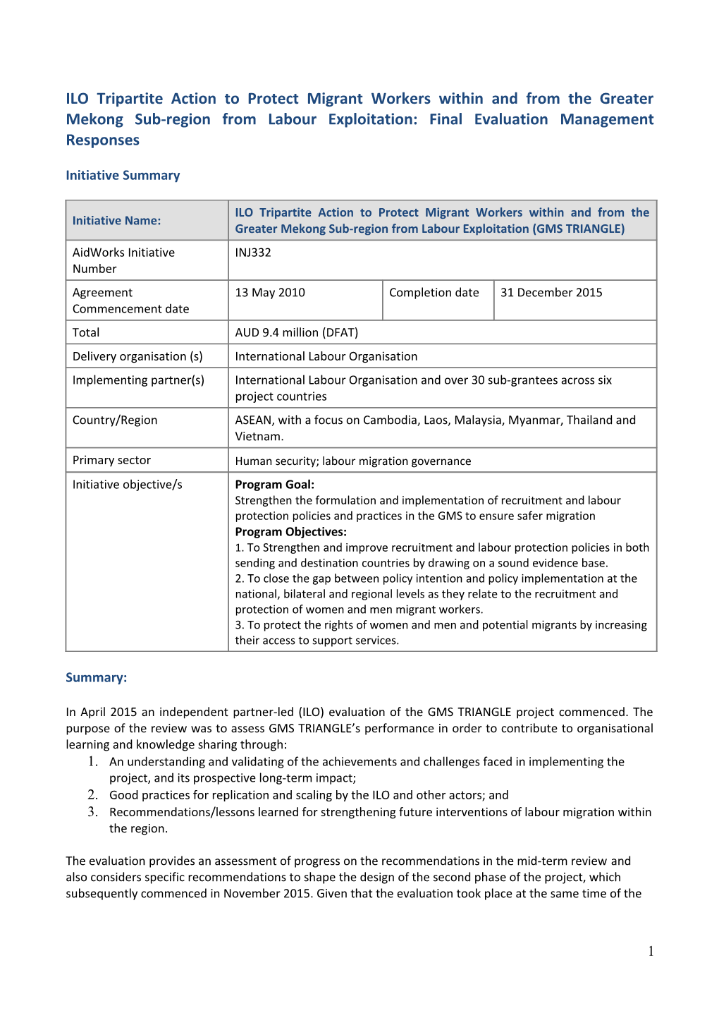 ILO Tripartite Action to Protect Migrant Workers Within and from the Greater Mekong Sub-Region