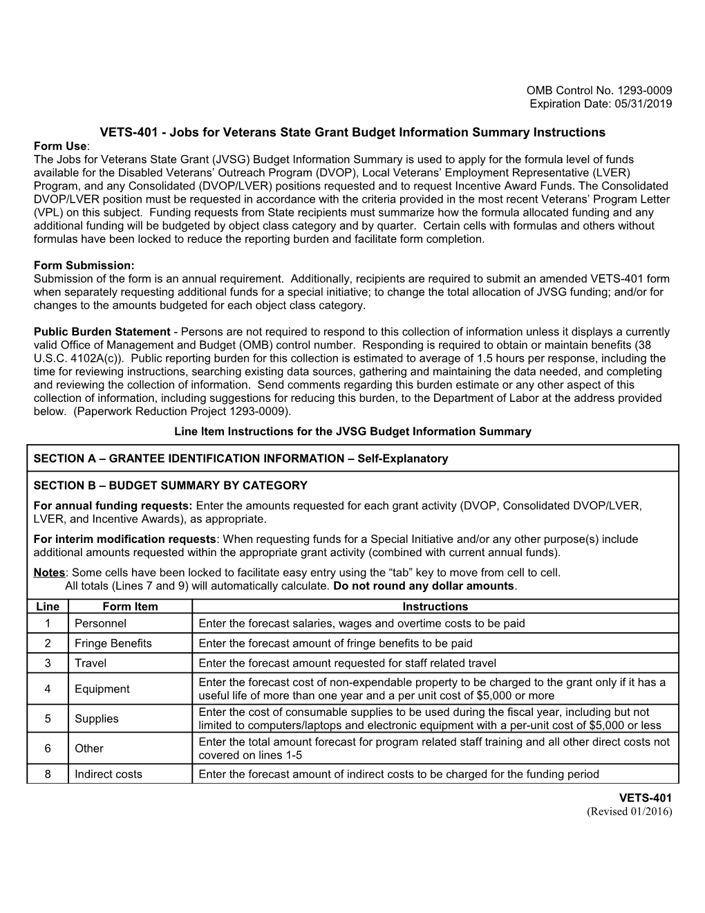 Jobs for Veterans State Grant Budget Information Summary Instructions