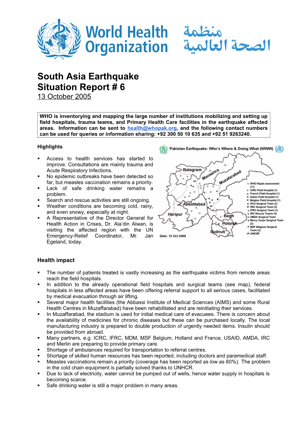 South Asia Earthquake Situation Report 13 October 2005 2