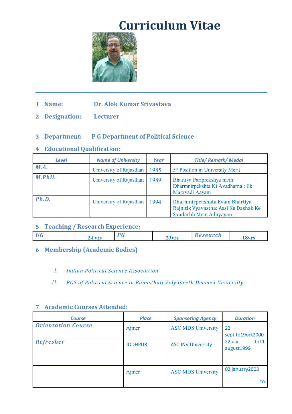 1 Name: Dr. Alok Kumar Srivastava