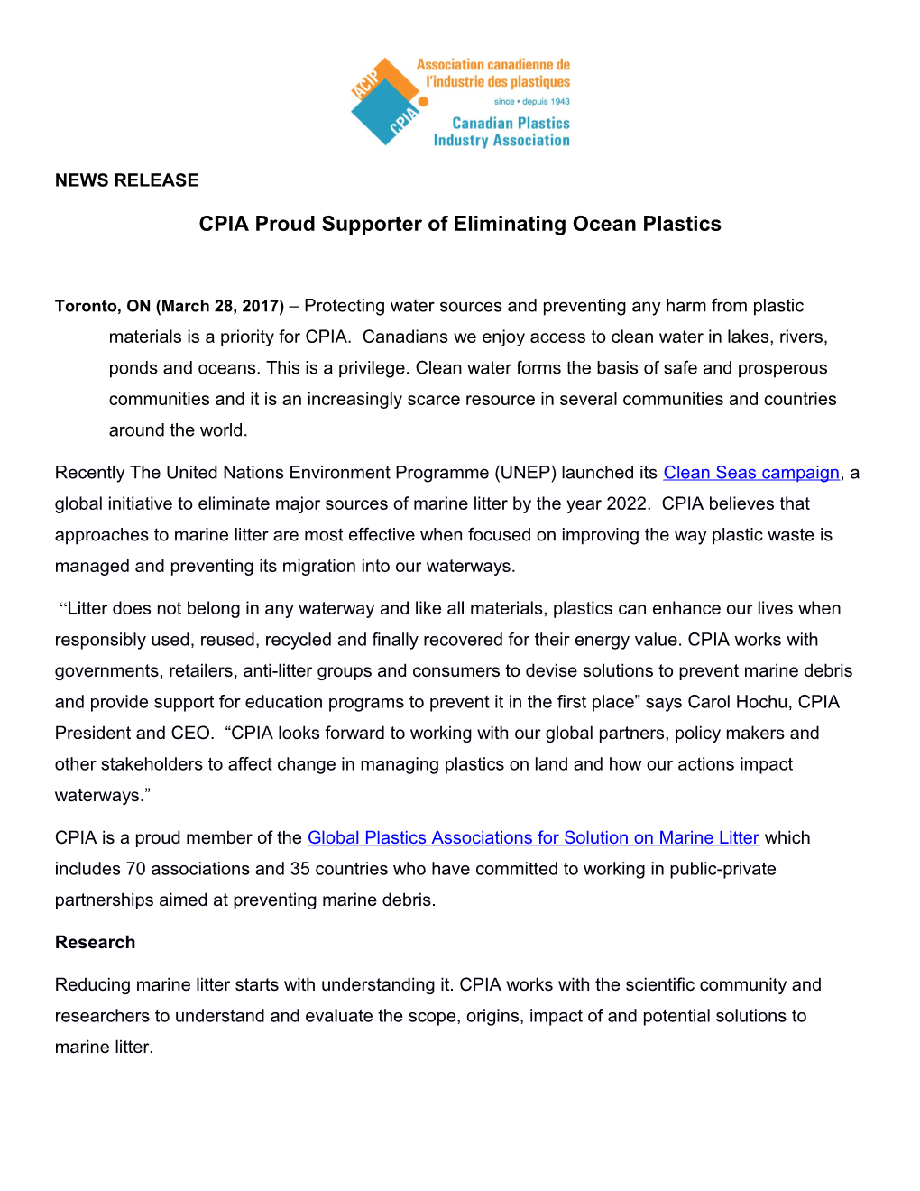 CPIA Proud Supporter of Eliminating Ocean Plastics