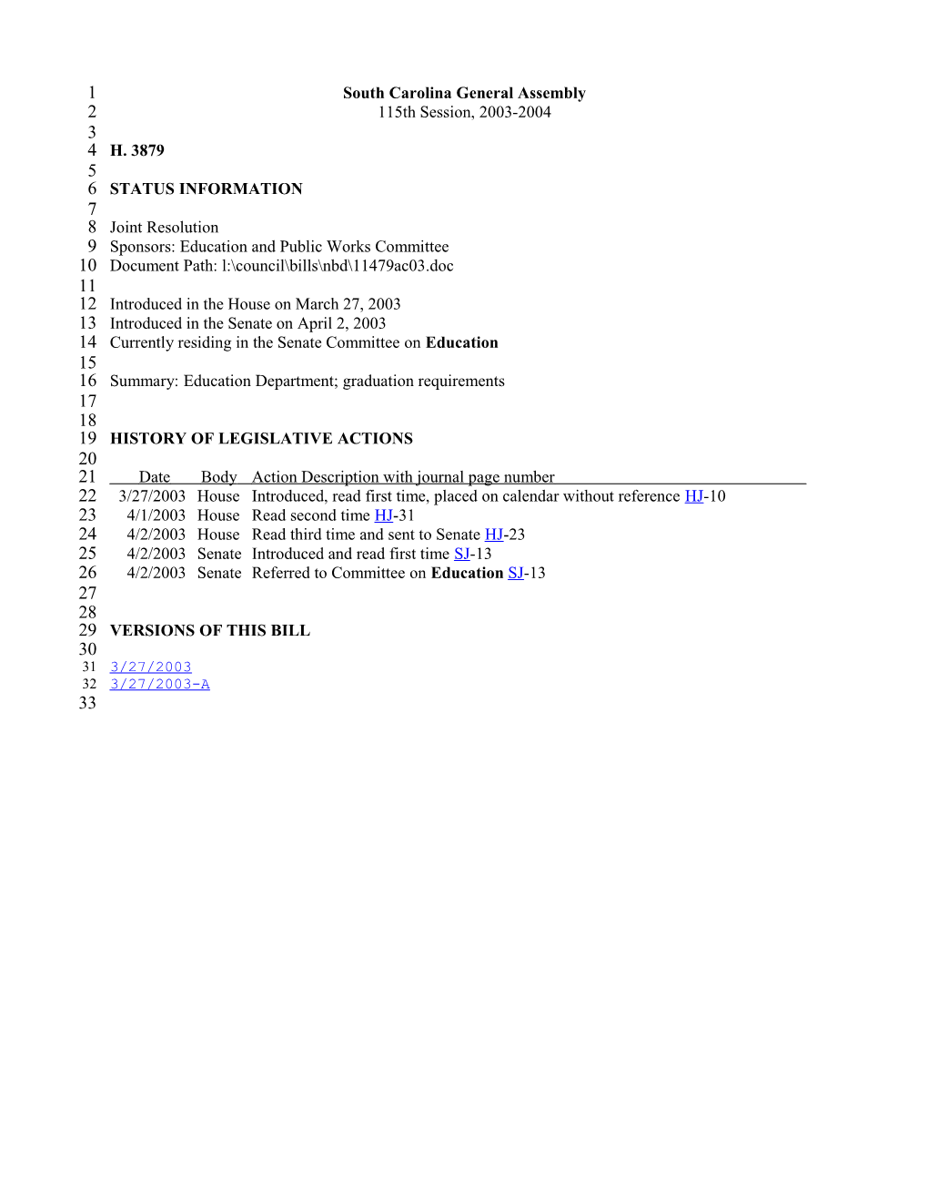 2003-2004 Bill 3879: Education Department; Graduation Requirements - South Carolina Legislature