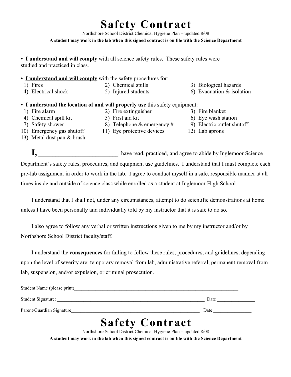 Northshore School District Chemical Hygiene Plan Updated 8/08