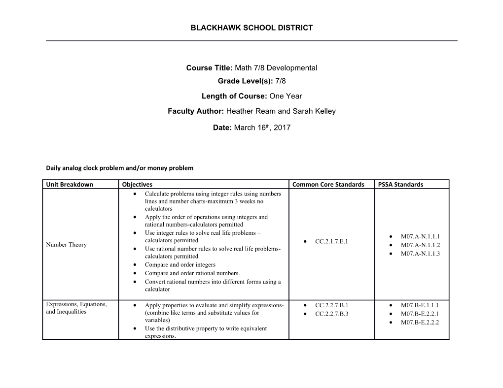 Course Title: Math 7/8 Developmental