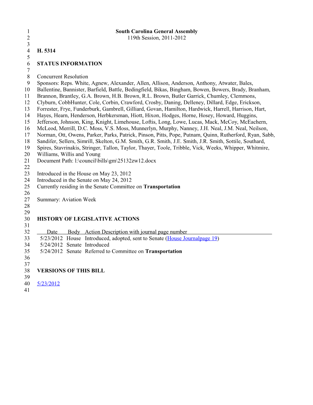 2011-2012 Bill 5314: Aviation Week - South Carolina Legislature Online