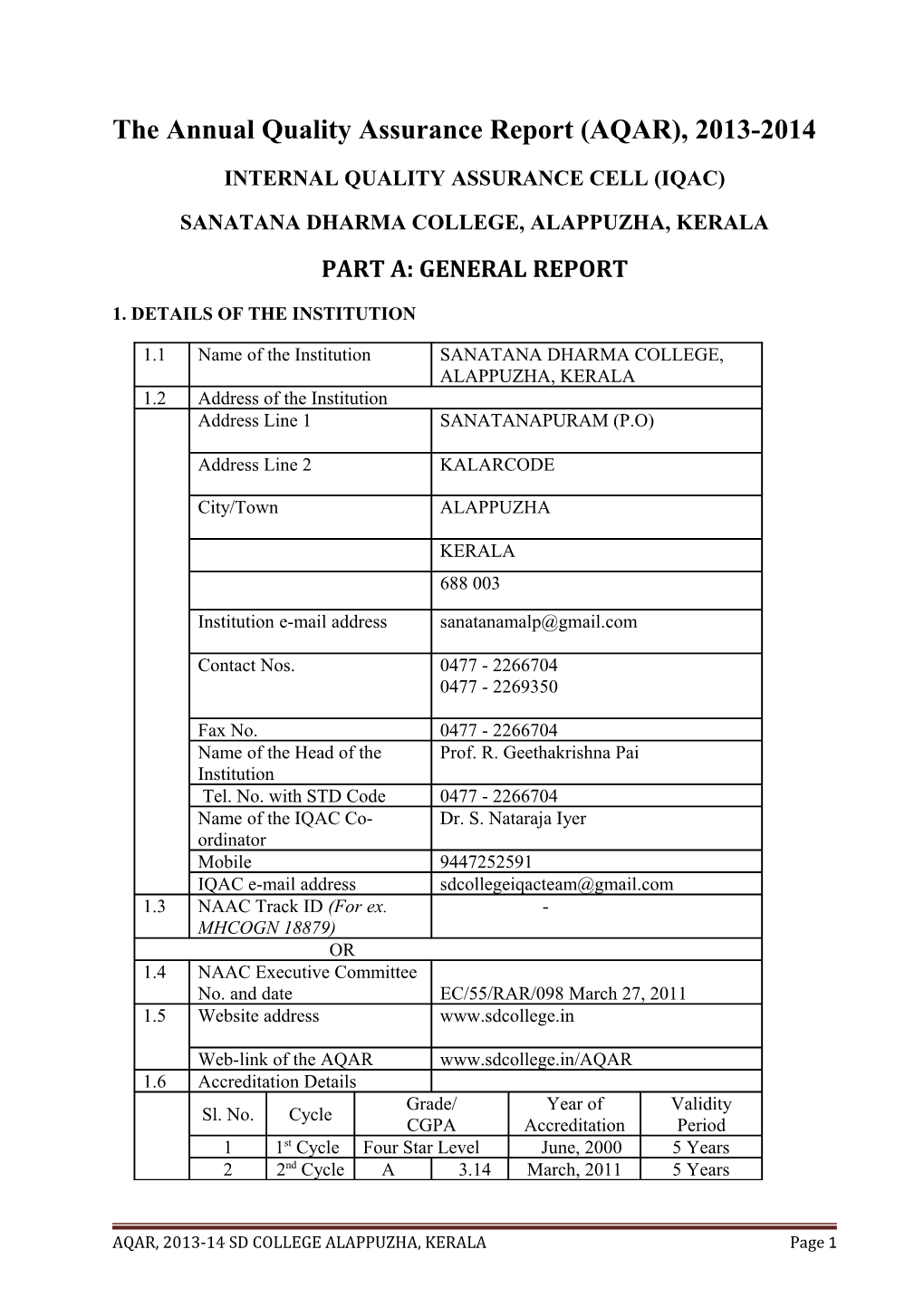 The Annual Quality Assurance Report (AQAR), 2013-2014