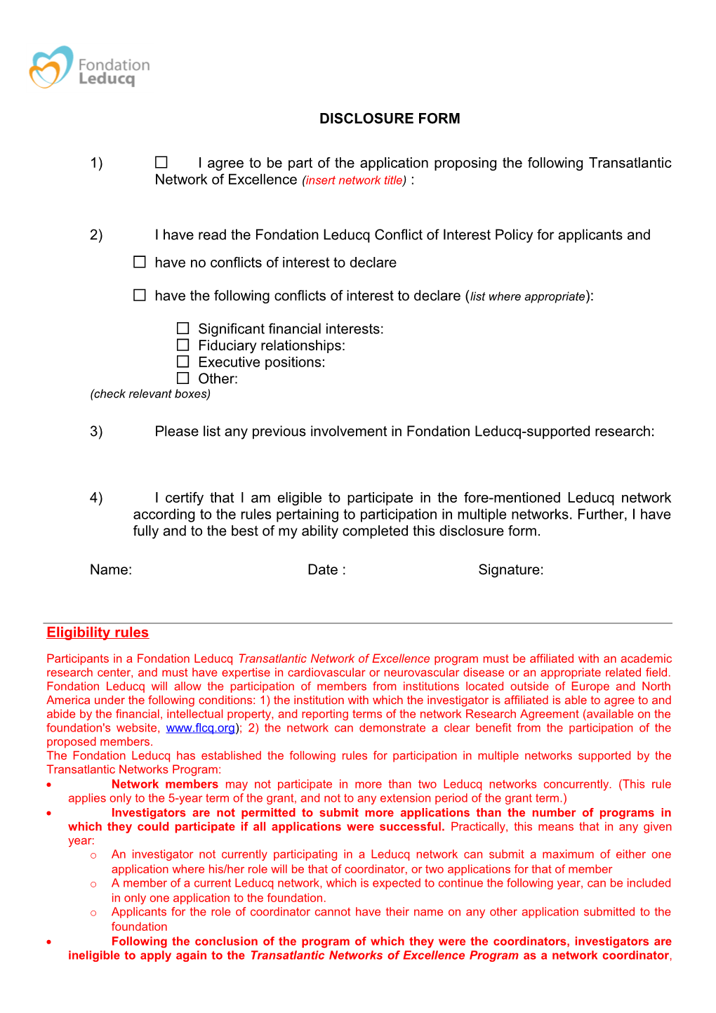 Disclosure Form for Expressions of Interest