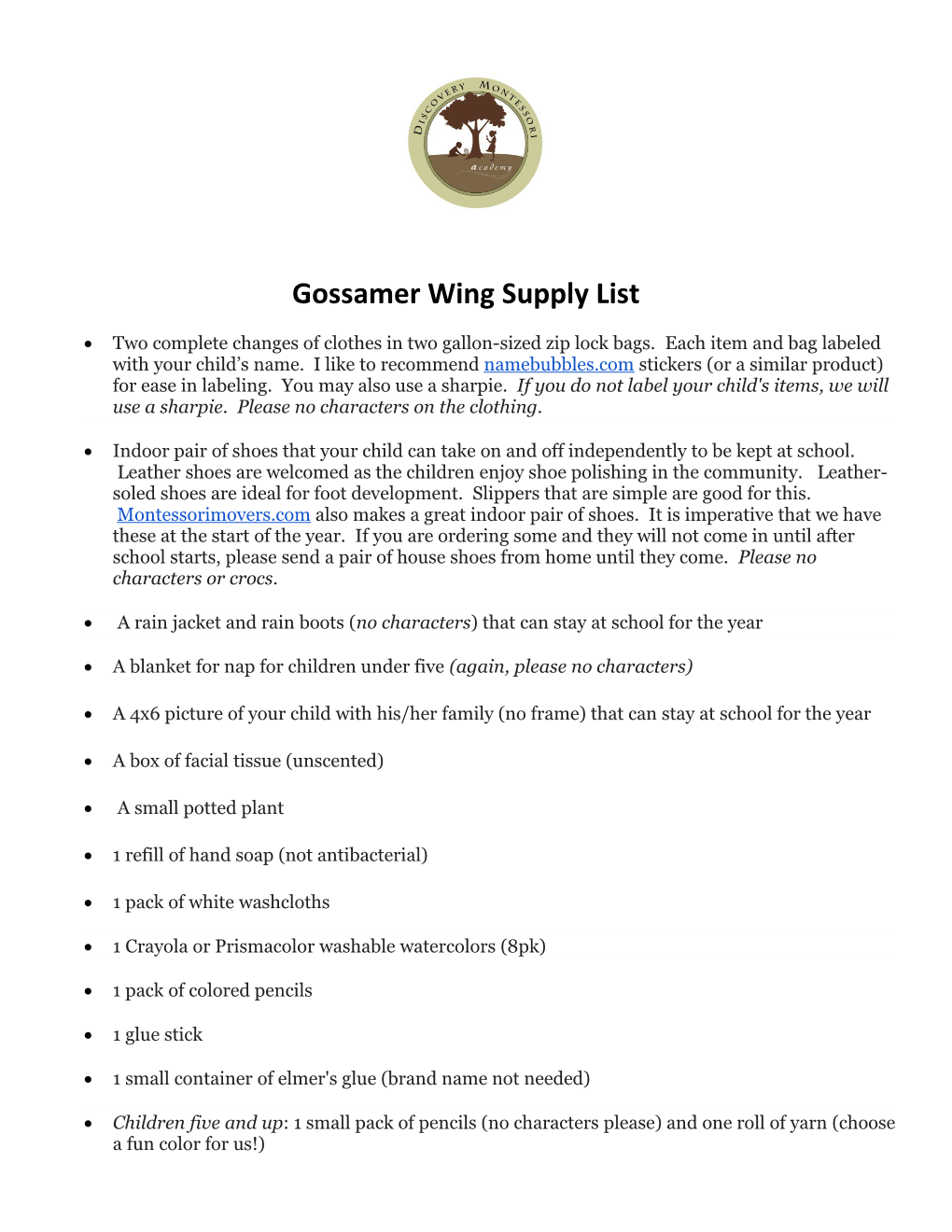 Gossamer Wing Supply List
