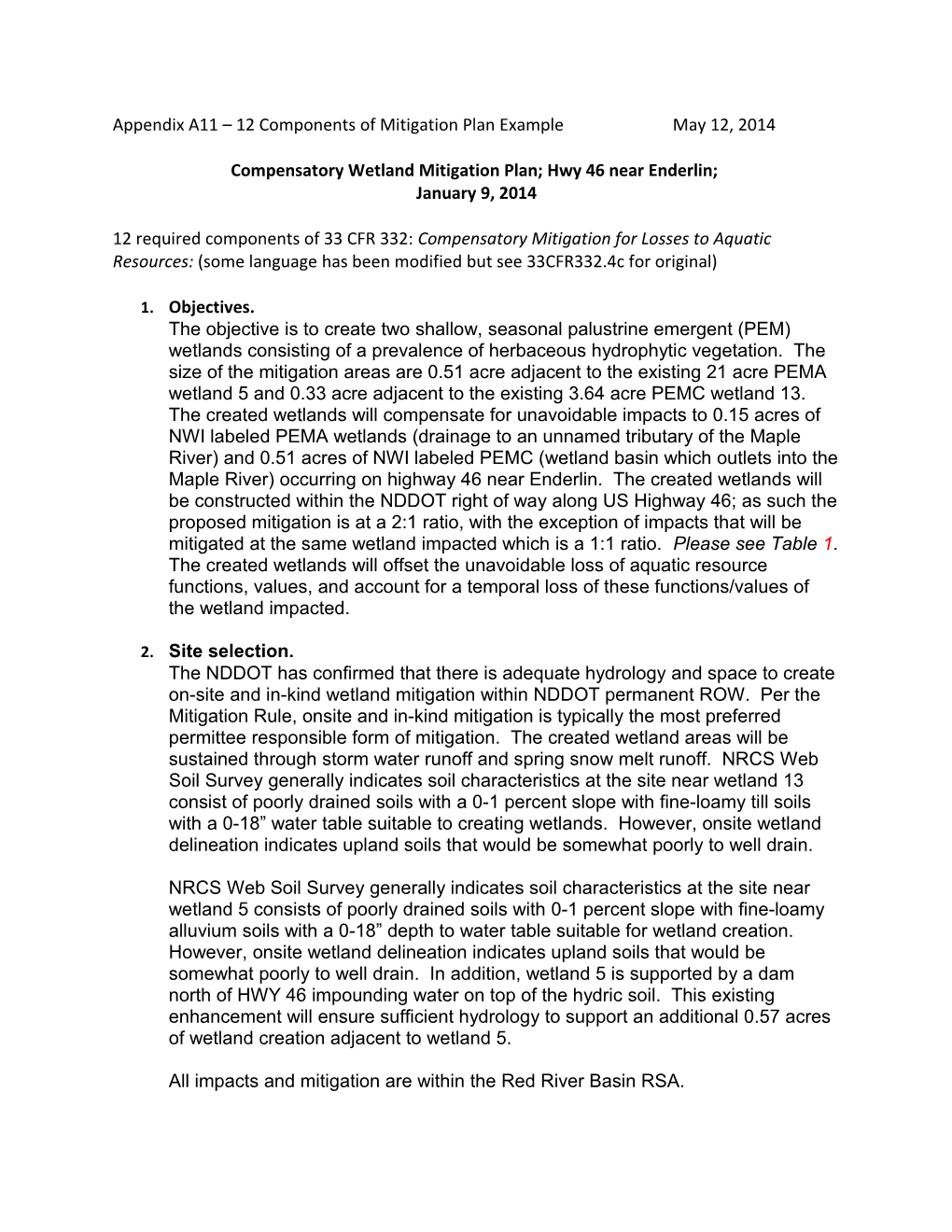 Compensatory Wetland Mitigation Plan; Hwy 46 Near Enderlin;