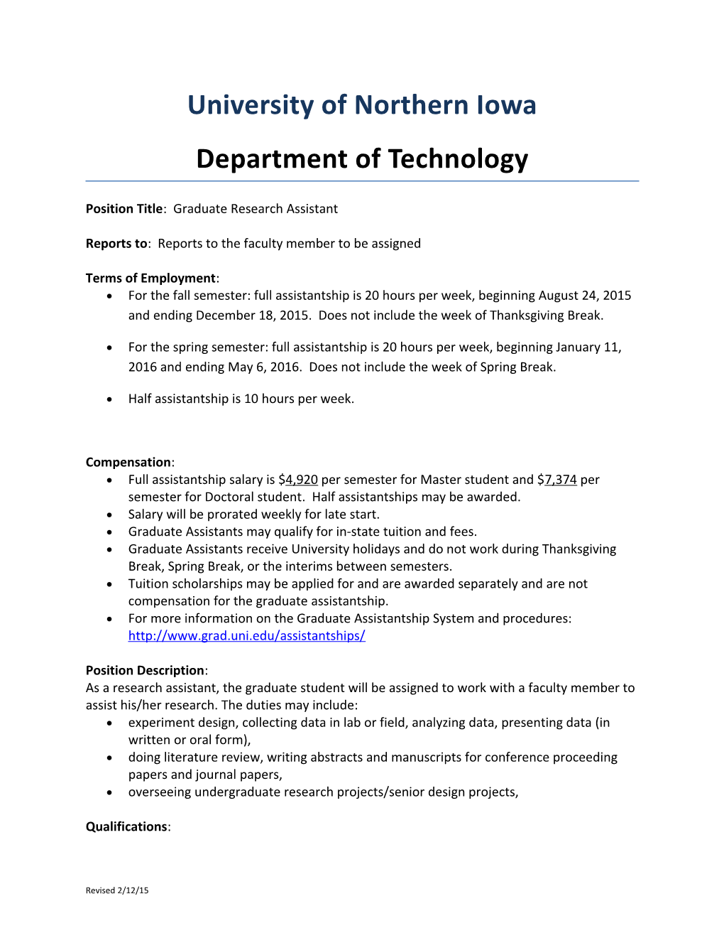 Position Title: Graduate Research Assistant