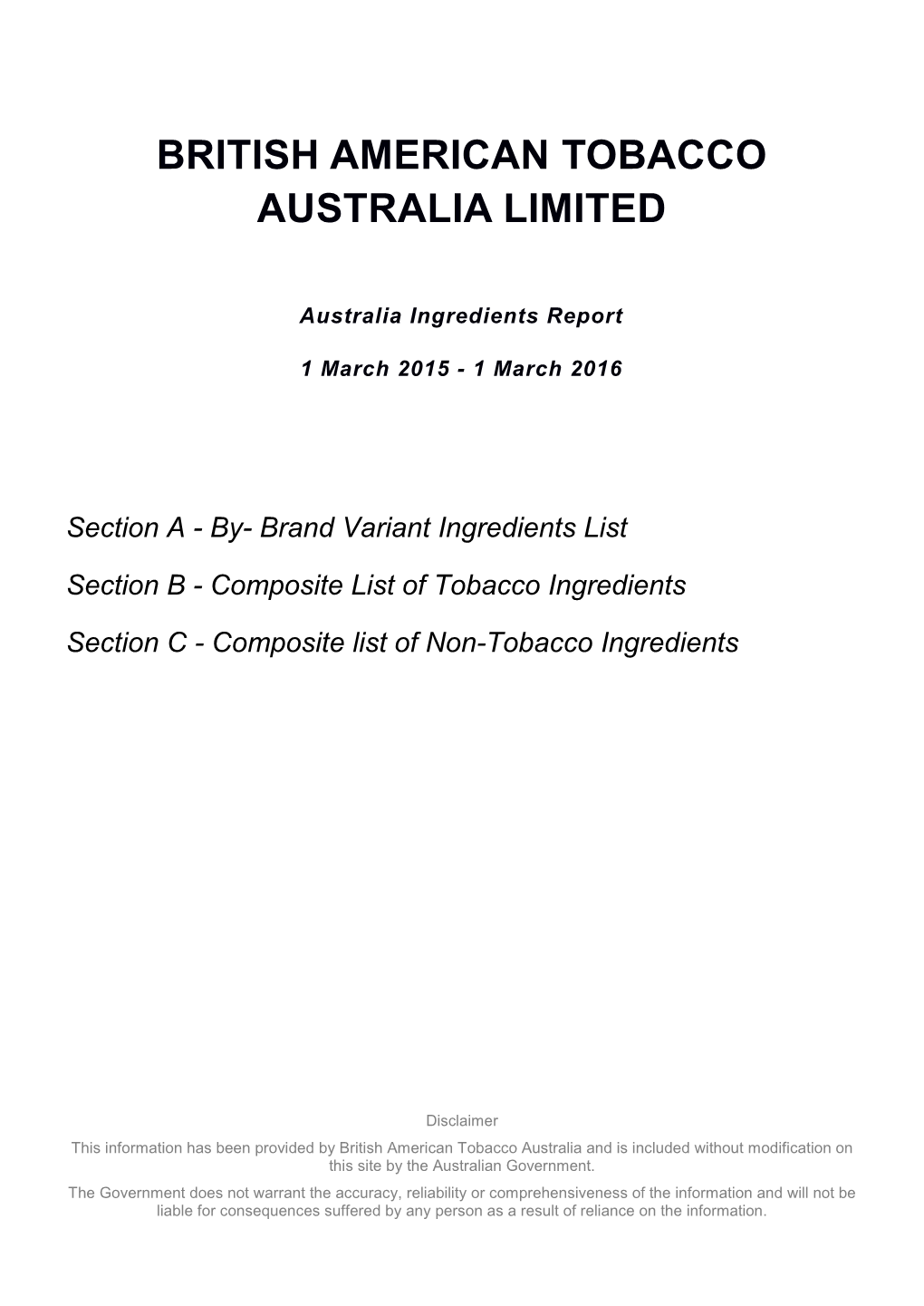 British American Tobacco Australia Limited Australia Ingredients Report