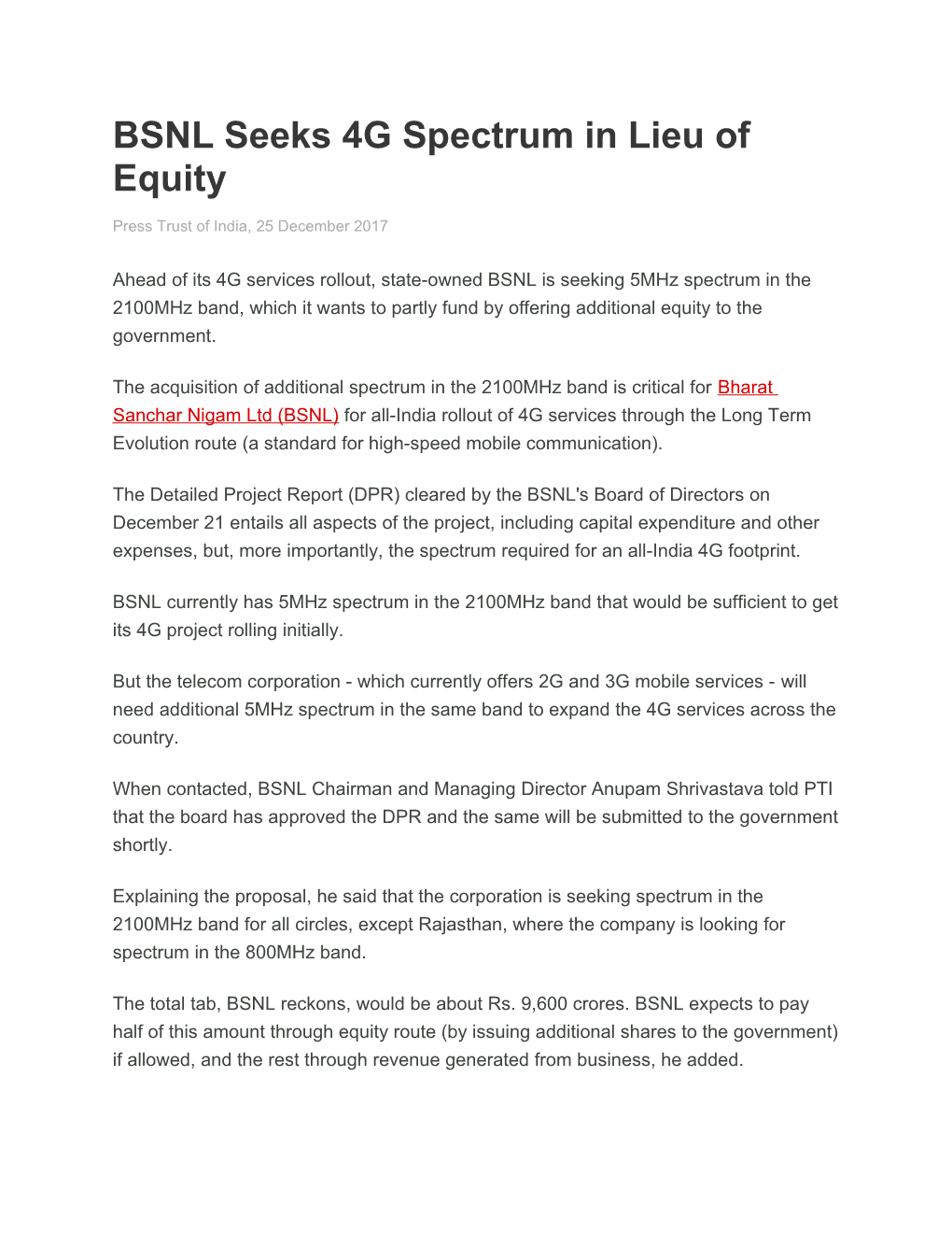 BSNL Seeks 4G Spectrum in Lieu of Equity
