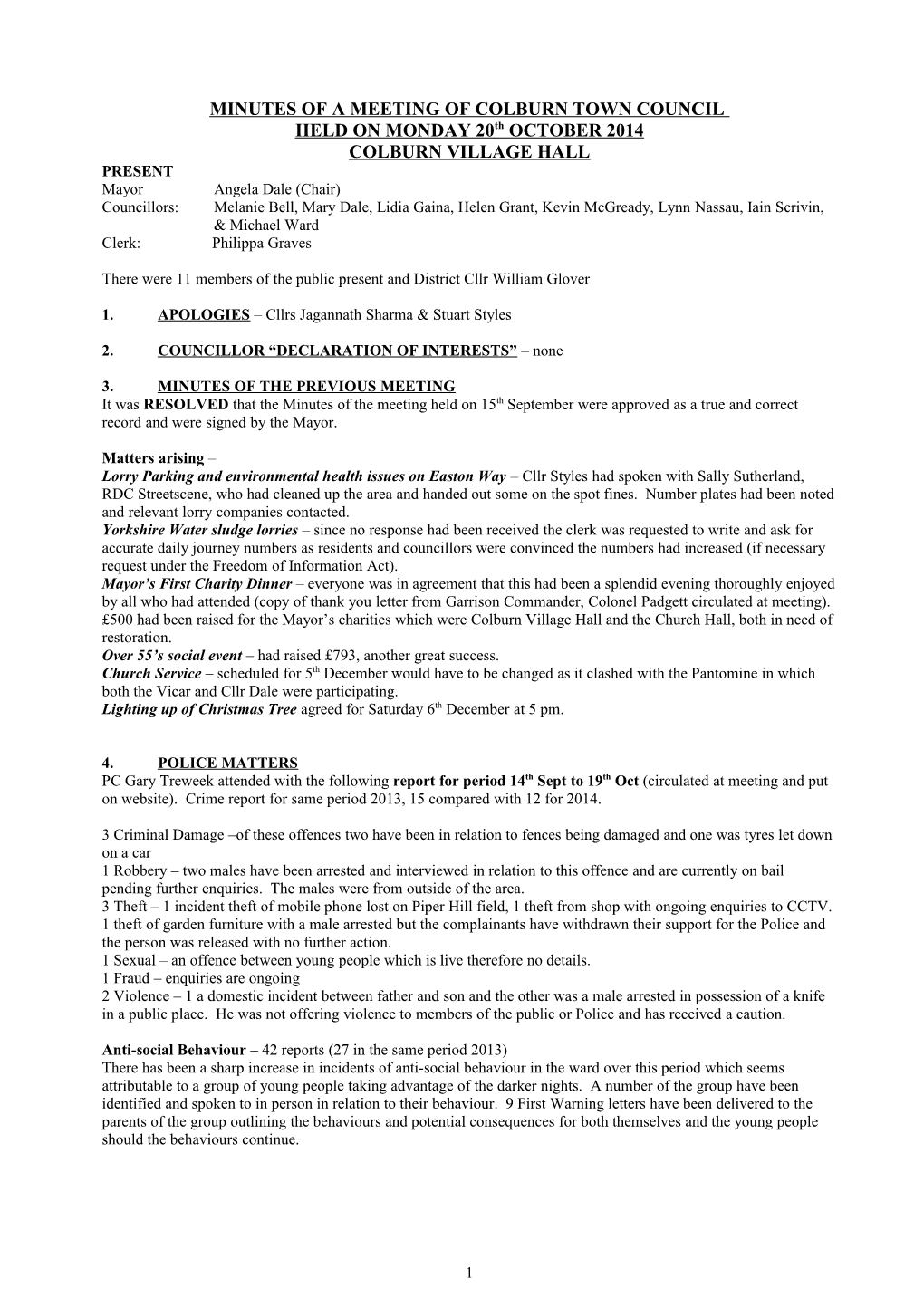 Minutes of a Meeting of Colburn Town Council Held on Thursday 7Th