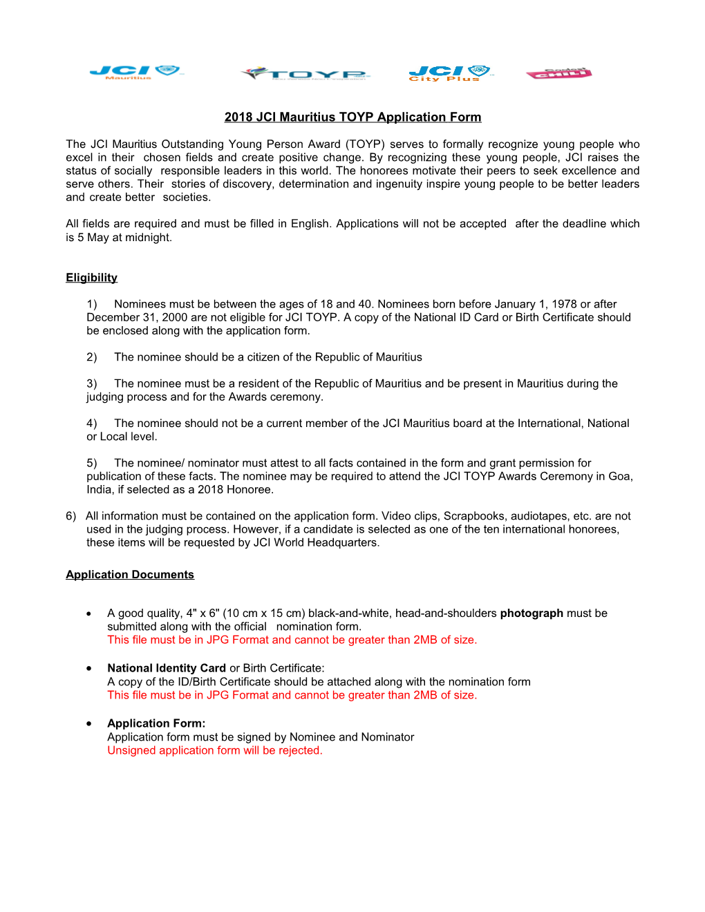 2018 JCI Mauritius TOYP Applicationform