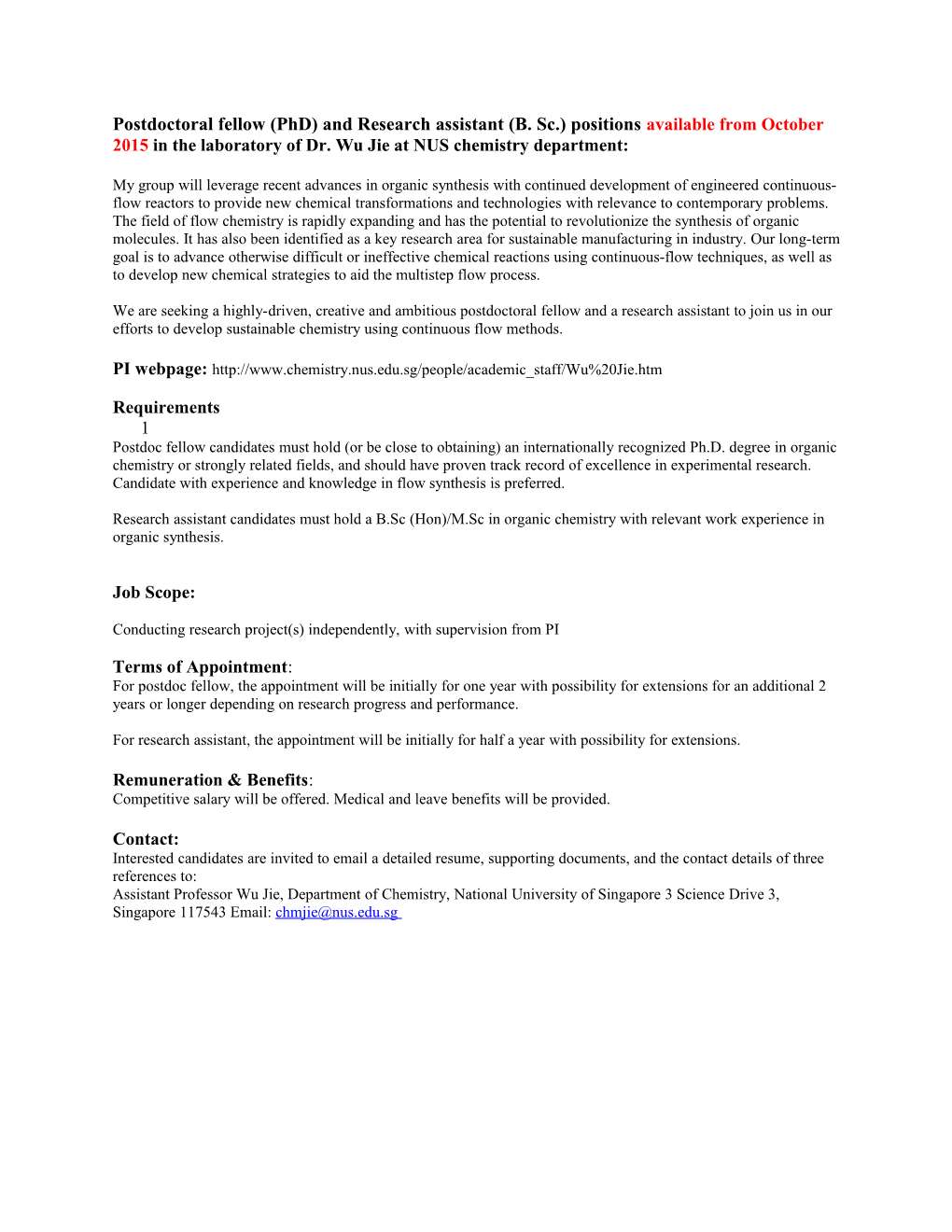 Postdoctoral Fellow (Phd) and Research Assistant (B. Sc.) Positionsavailable from October