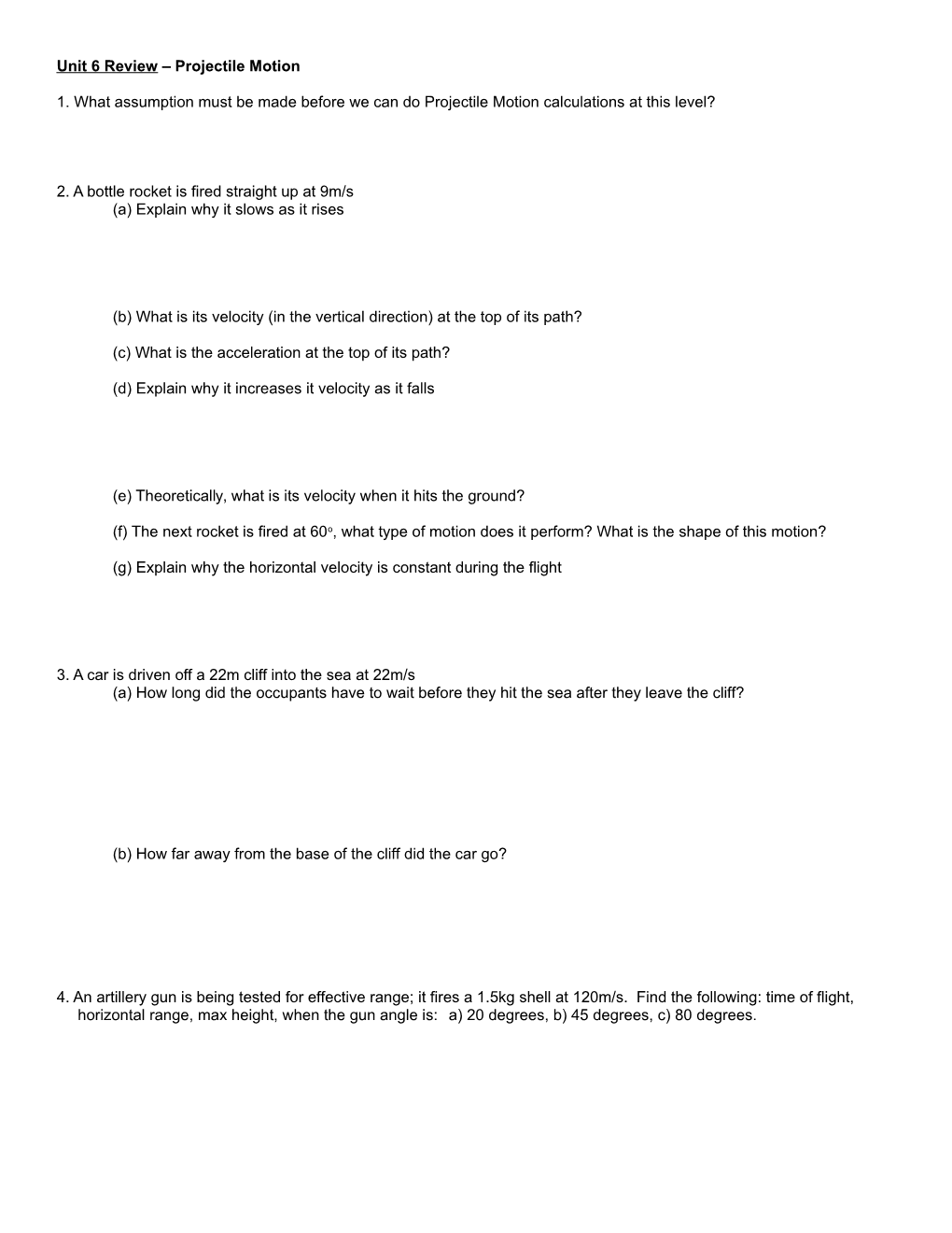 Unit 6 Review Projectile Motion