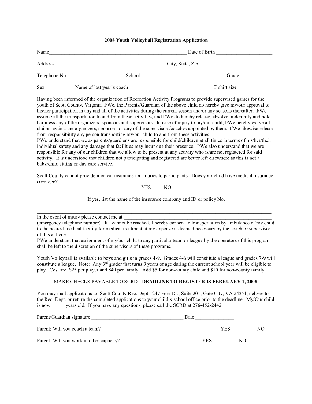 2005 Youth Volleyball Registration Application