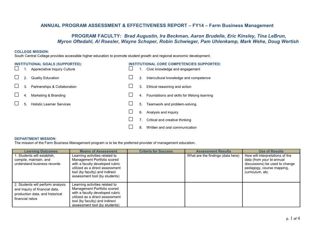 ANNUAL PROGRAMASSESSMENT & EFFECTIVENESS REPORT FY14 Farm Business Management