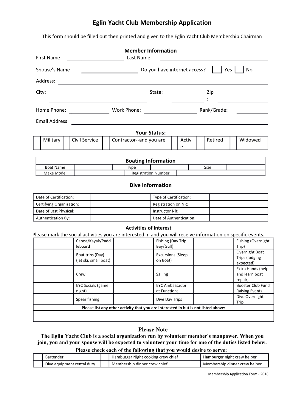 Eglin Yacht Club Membership Application