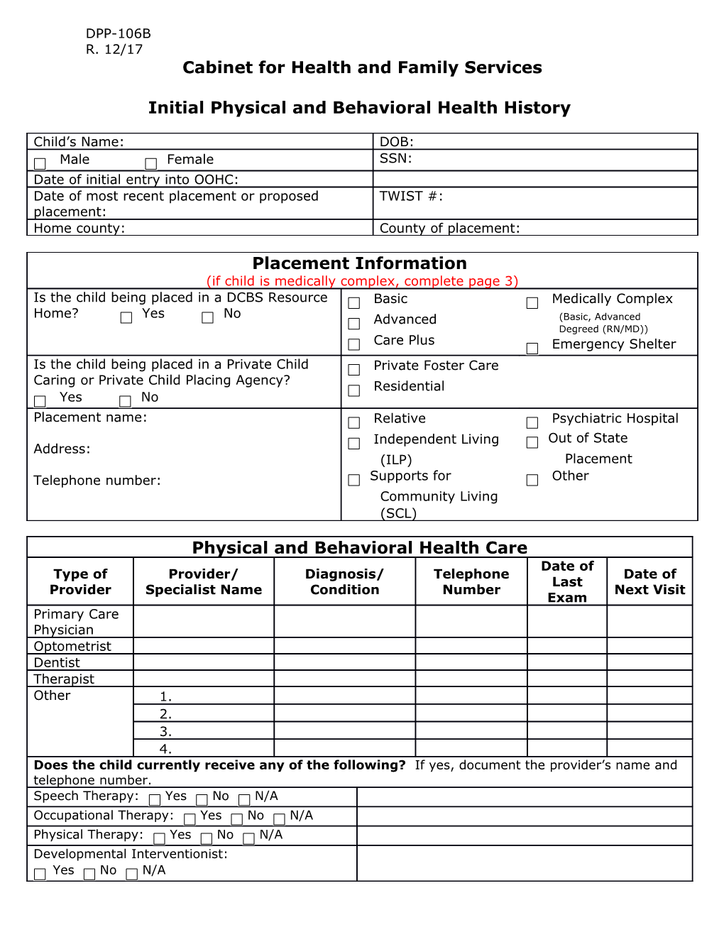 Initial Physical and Behavioral Health History