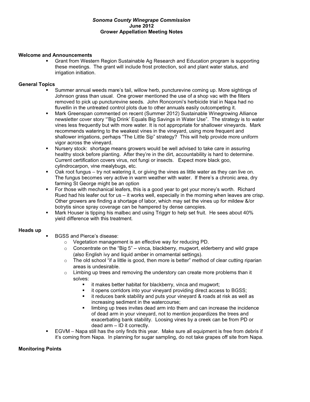 Grower Appellation Meeting Notes