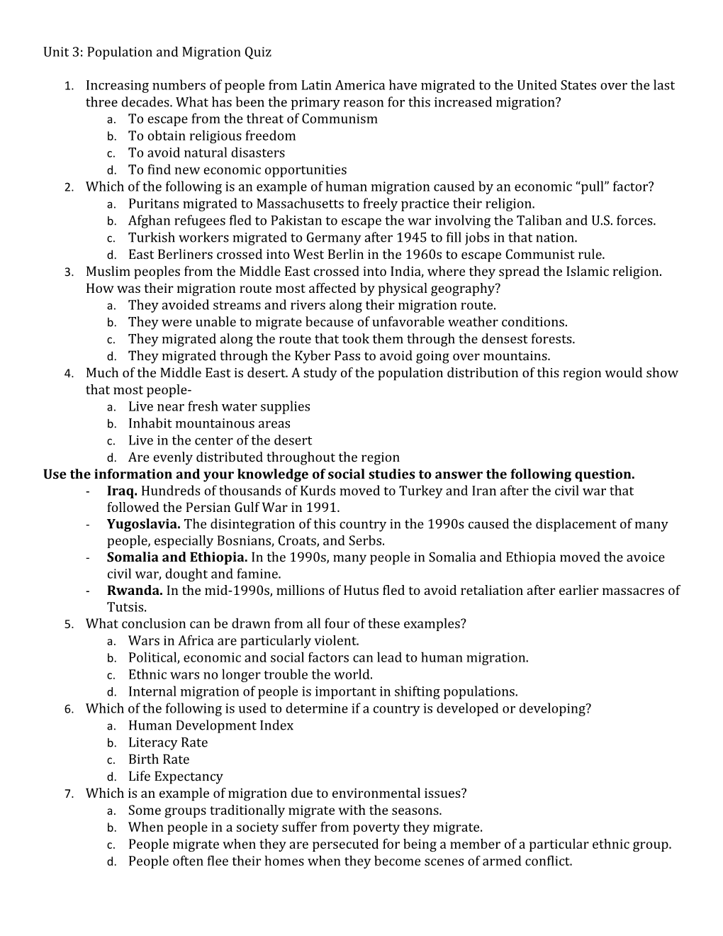 Unit 3: Population and Migration Quiz