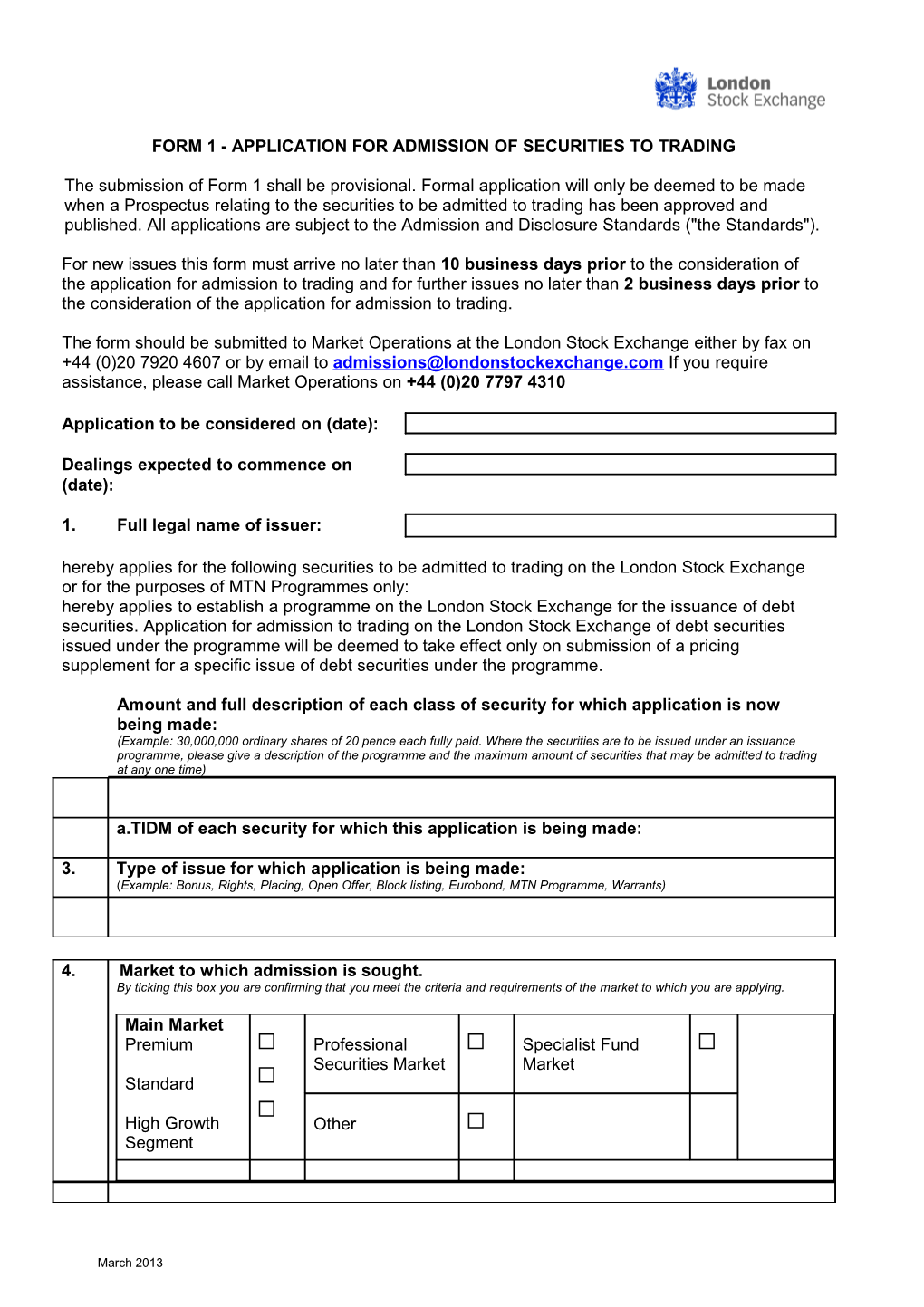 Form 1 - Application for Admission of Securities to Trading