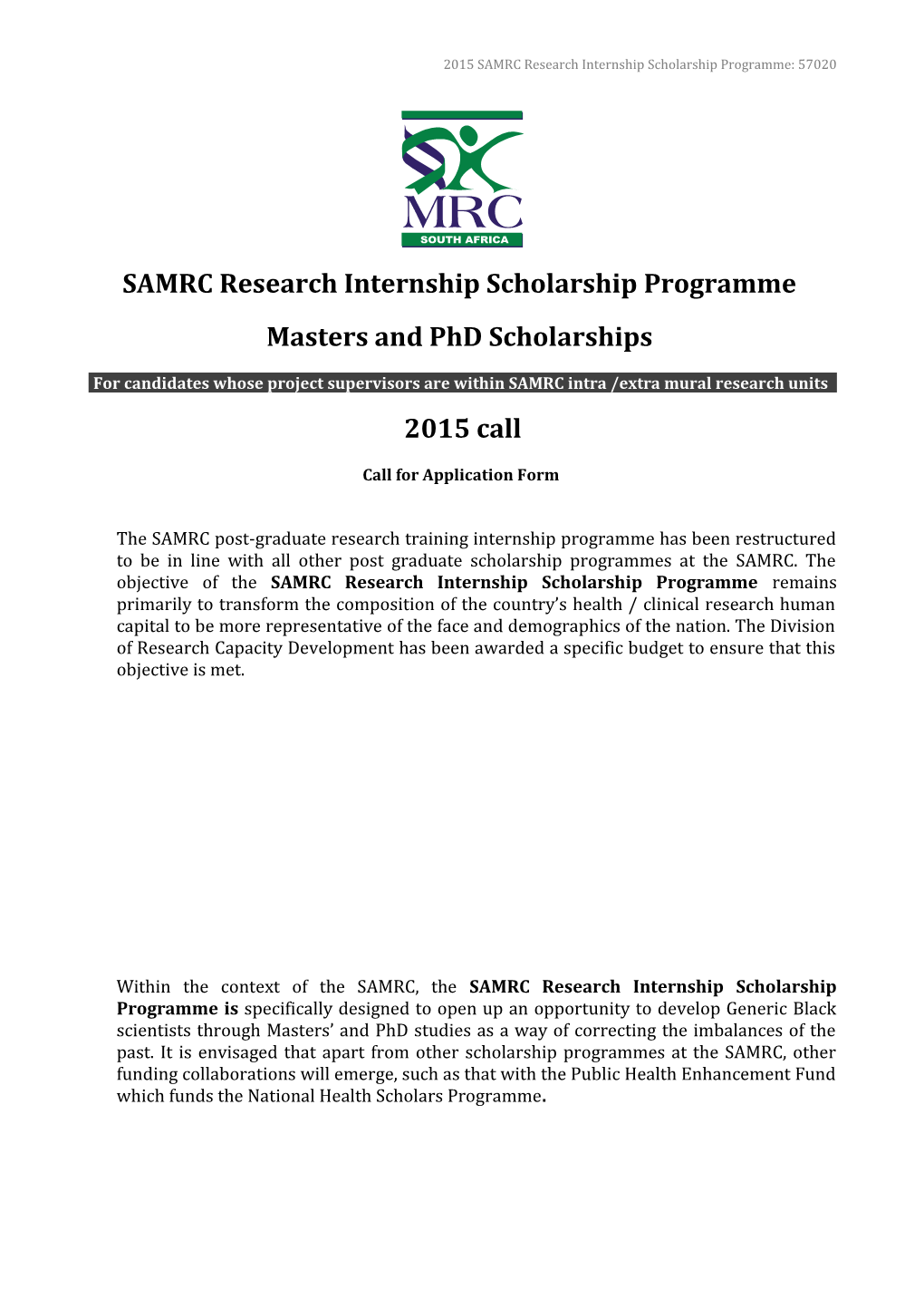 SAMRC Research Internship Scholarship Programme