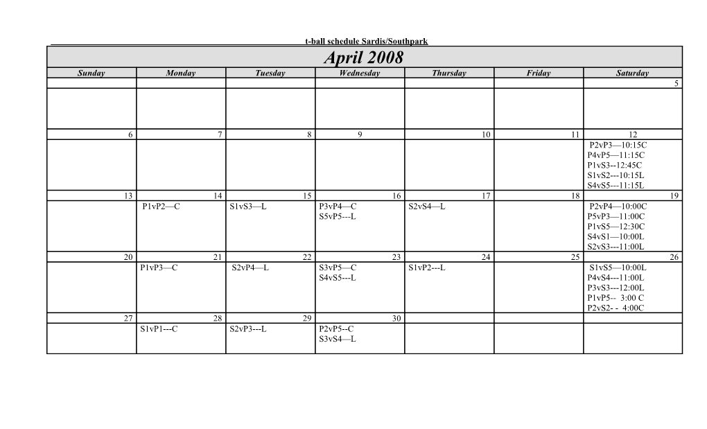 T-Ball Schedule Sardis/Southpark