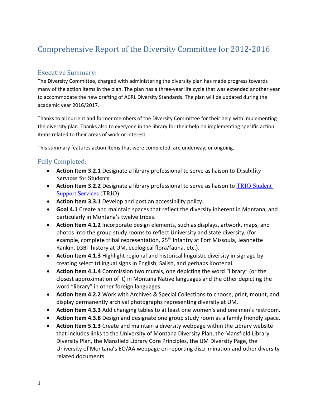 Comprehensive Report of the Diversity Committee for 2012-2016