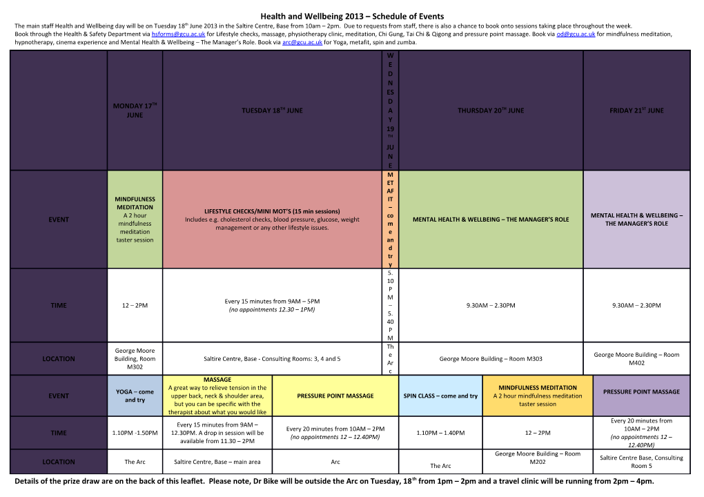 Health and Wellbeing 2013 Schedule of Events