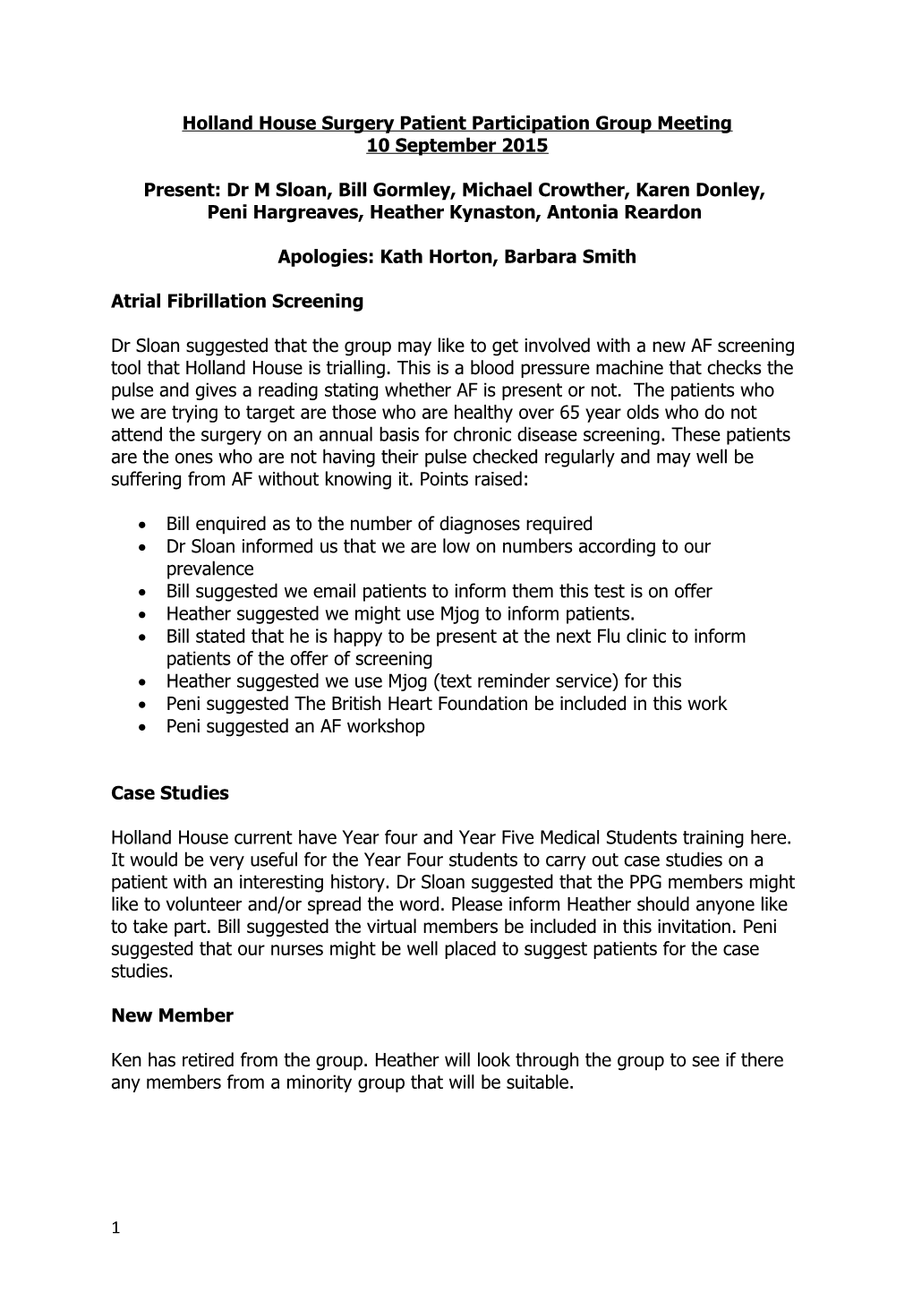 Holland House Surgery Patient Participation Group Meeting