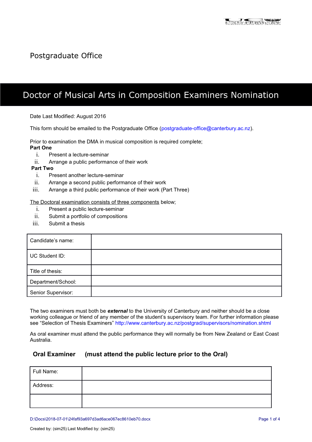 This Form Should Be Emailed to the Postgraduate Office ()