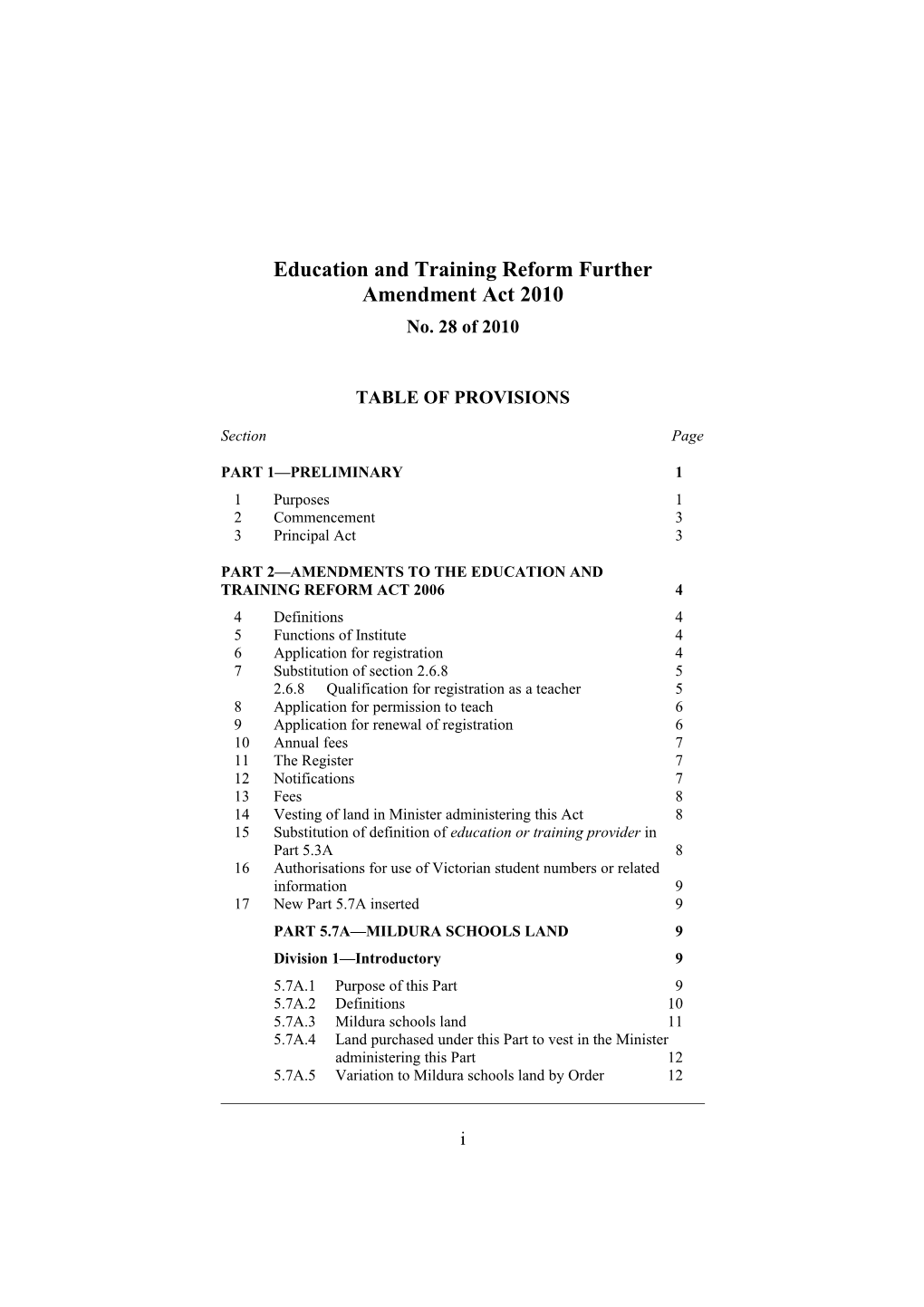 Education and Training Reform Further Amendment Act 2010