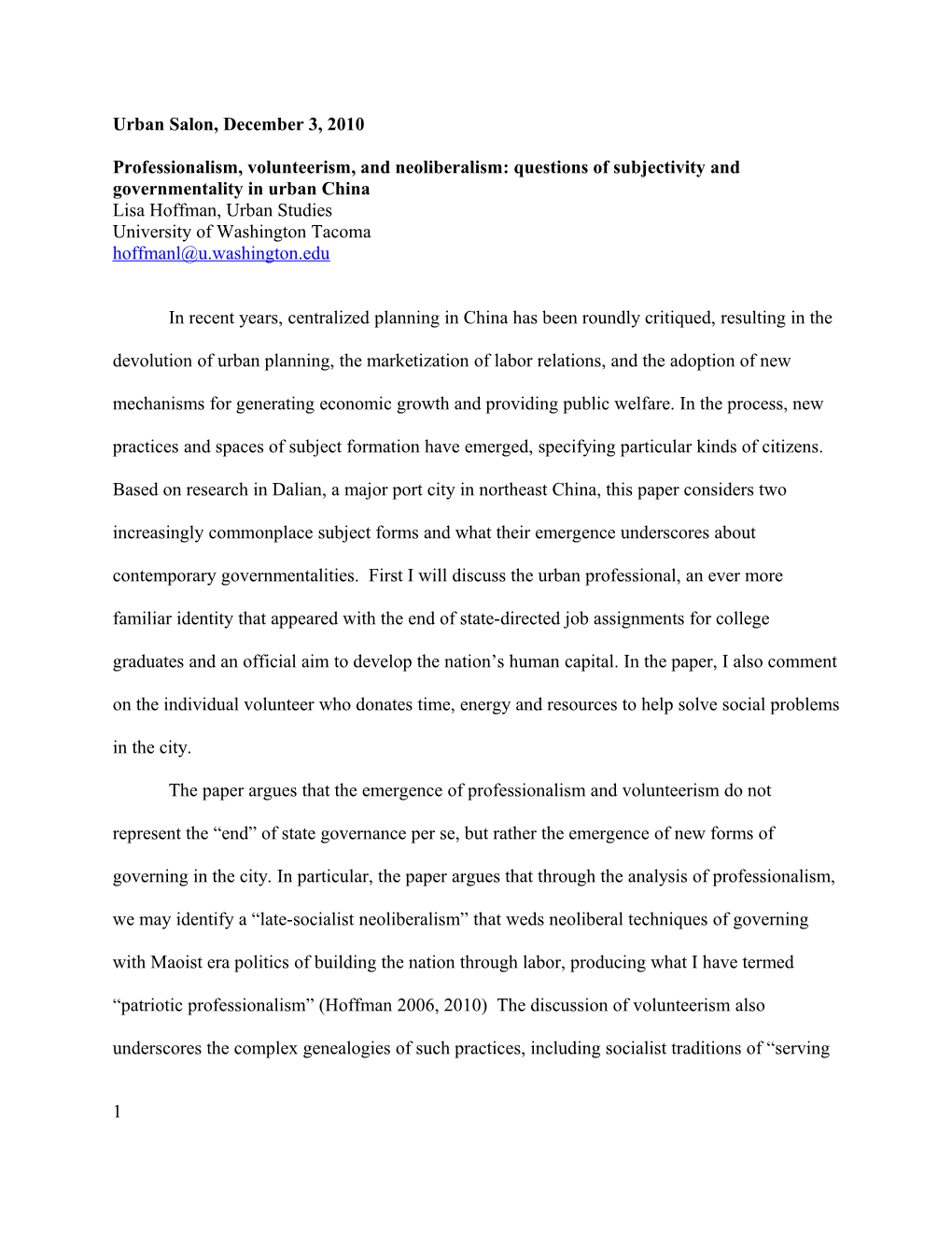 Professionalism, Volunteerism, and Neoliberalism: Questions of Subjectivity and Governmentality