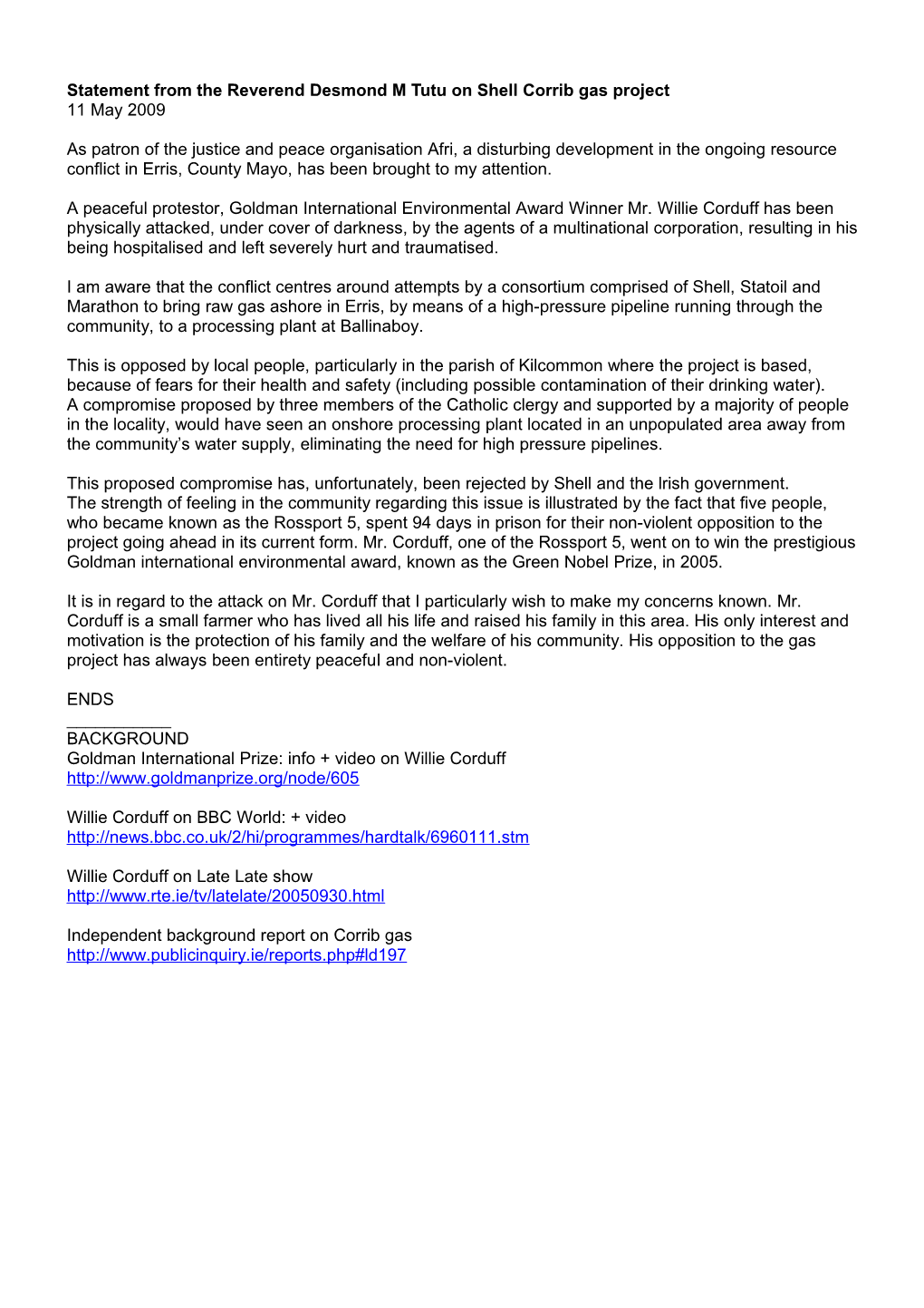 Statement from the Reverend Desmond M Tutu on Shell Corrib Gas Project