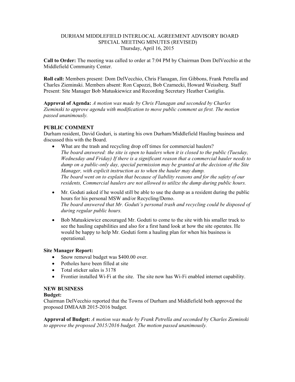 Durham Middlefield Interlocal Agreement Advisory Board Special Meeting Minutes (Revised)