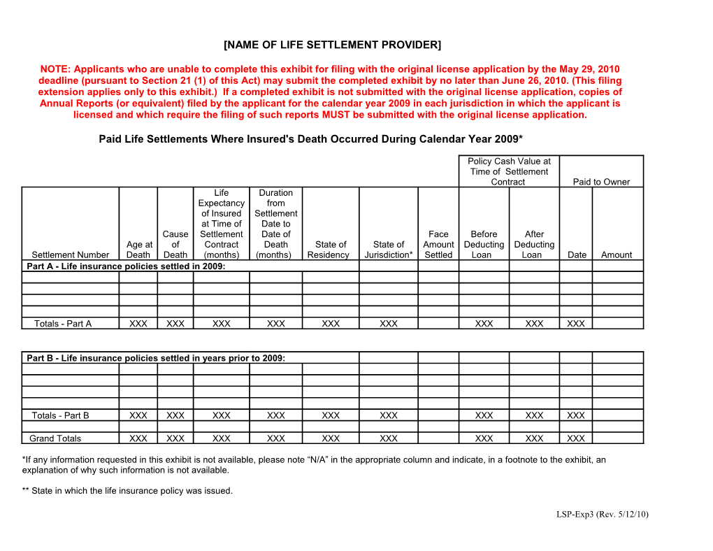 List of Paid Life Settlements Where Insured's Death Occurred During the Current Year