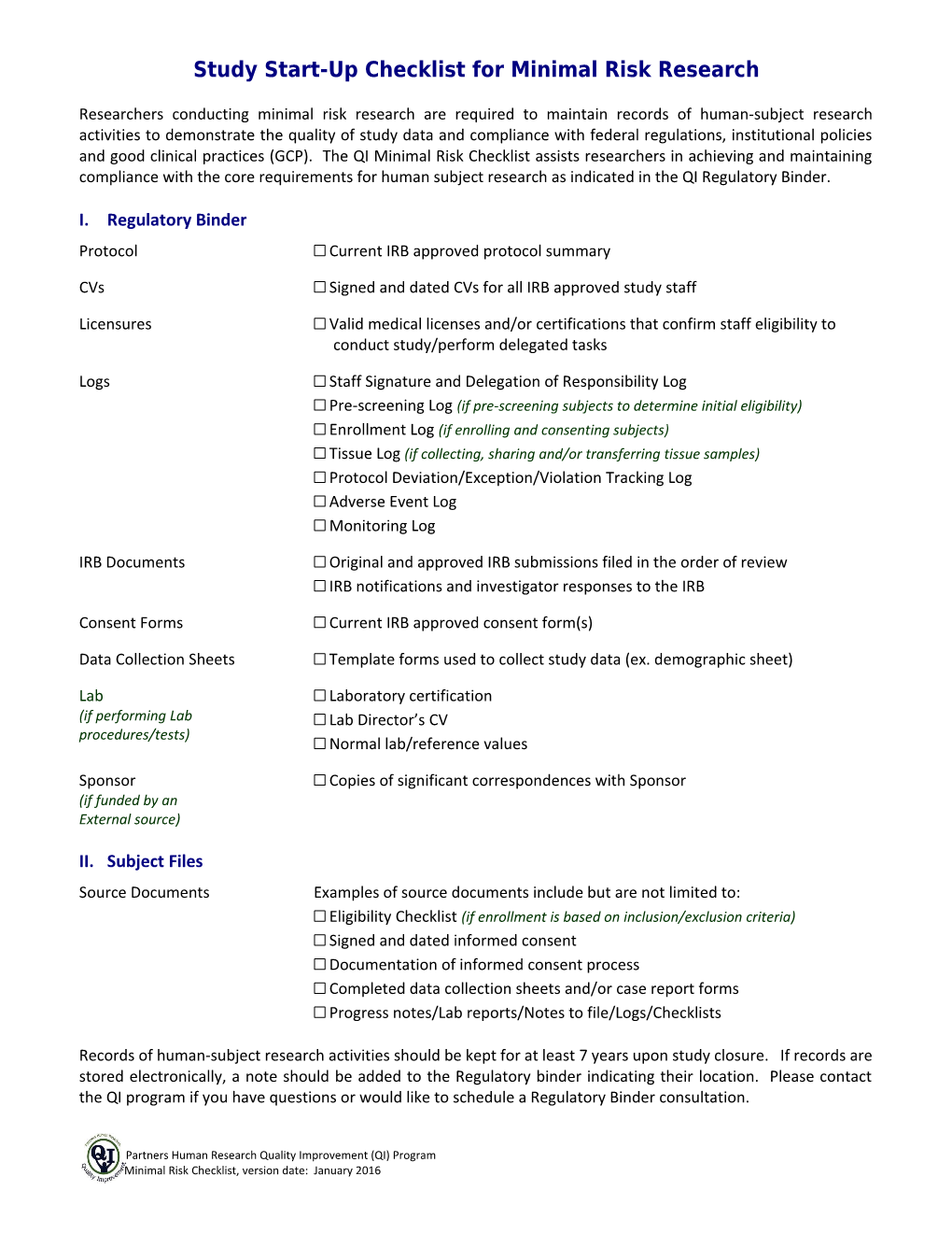 Study Start-Up Checklist for Minimal Risk Research