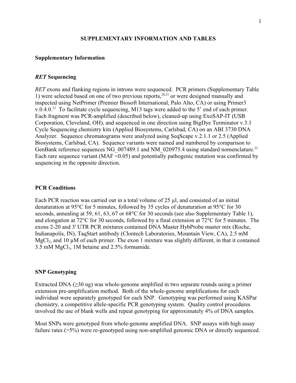 Supplementary Information and Tables