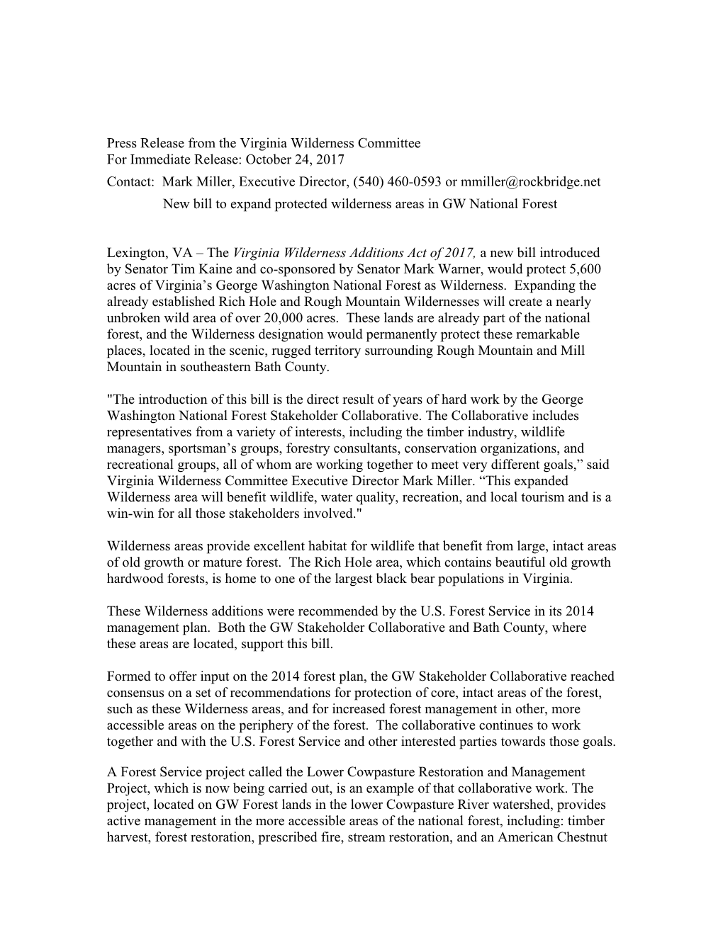 Press Release from the Virginia Wilderness Committee