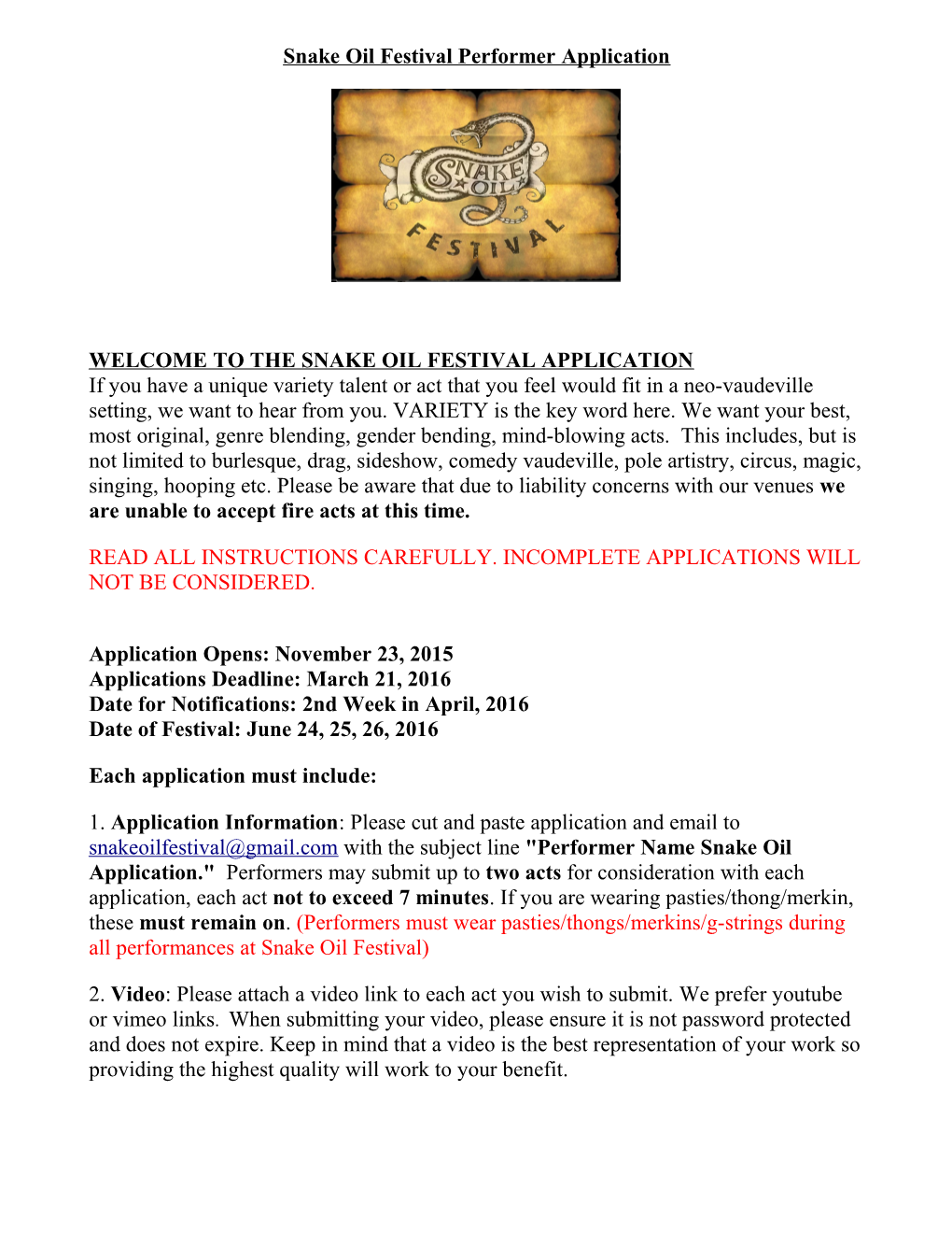 Snake Oil Festival Performer Application